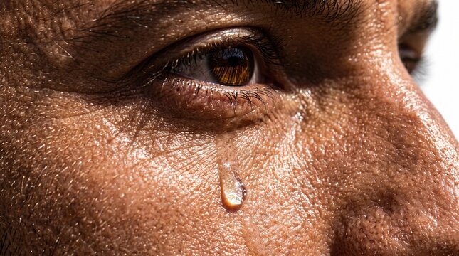 Close up of a person's eye with a tear rolling down their cheek, showing skin texture and sweat summer