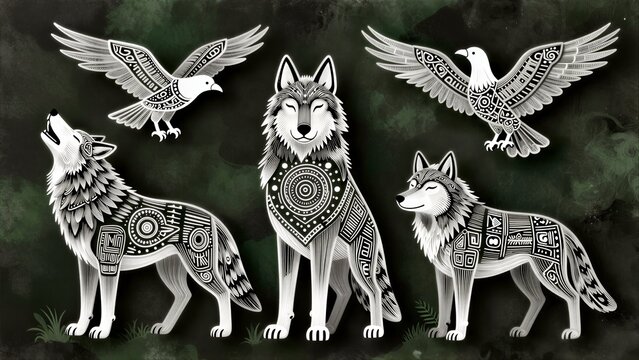 Sacred wolves and birds with intricate patterns around a central totem pole.