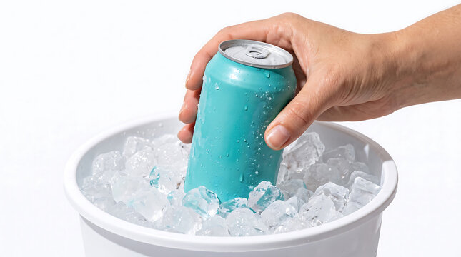 Hand reaching for a cold teal beverage can submerged in ice cubes in a white bucket, isolated on a white background summer