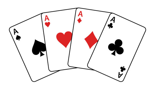 Flat vector illustration of four ace playing cards fanned out, including spades, hearts, diamonds, and clubs suits, isolated on white background for gambling and casino design themes.