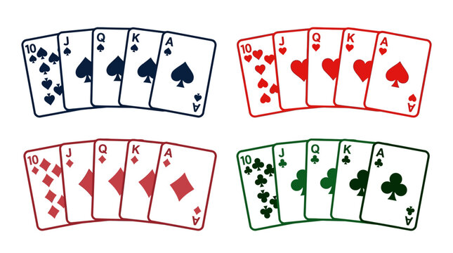 Horizontal rows of four royal flush card hands in spades hearts diamonds and clubs. Graphic illustration of winning poker hands on a white background for casino gaming.