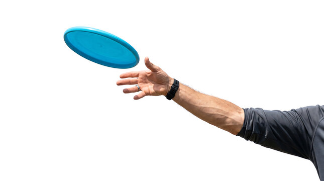 Man's Hand Releasing Blue Frisbee Disc in Mid Air Isolated on White Background summer