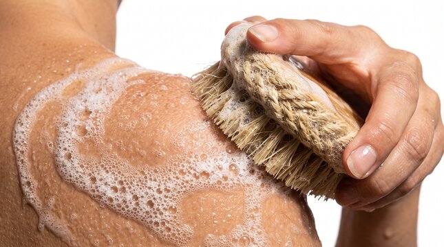 Close up of a person using a natural bristle body brush with soap lather on sun kissed skin isolated on white summer