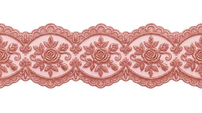 Vintage pink lace trim with floral rose embroidery, elegant dusty rose fabric border, decorative scalloped textile ribbon for sewing isolated PNG with Transparent Background