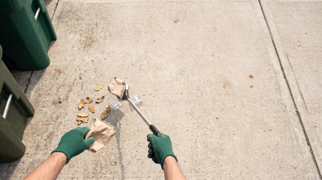 散乱したごみを清掃用具で片付ける住民と地域美化活動