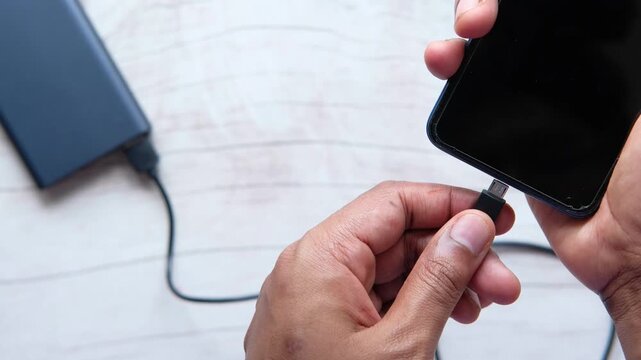 Close up slow motion video of hand connecting mobile phone to a portable power bank on a wooden table, top view