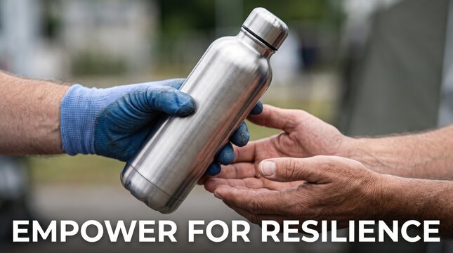 Person in blue work glove handing a stainless steel reusable water bottle to another person with open palms in an outdoor setting