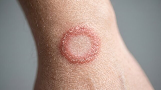 Macro view of ringworm tinea fungal infection with a red scaly ring on human skin