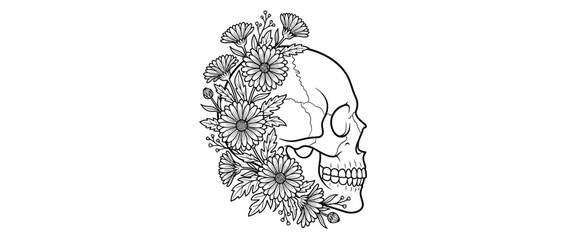 Fototapeta premium Line art skull with flowers, isolated on transparent background