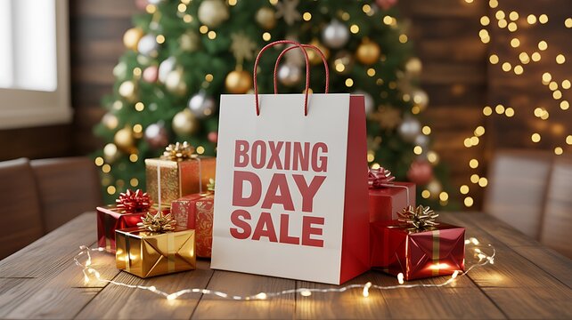  Boxing Day Sale sign with Christmas gifts and festive decorations