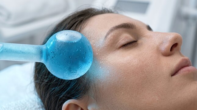 Woman relaxing during a cooling cryotherapy facial massage with a blue ice globe at spa