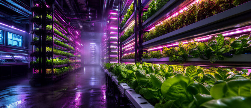 Futuristic vertical hydroponic indoor farm with glowing purple LED lights and rows of fresh green leafy vegetables.