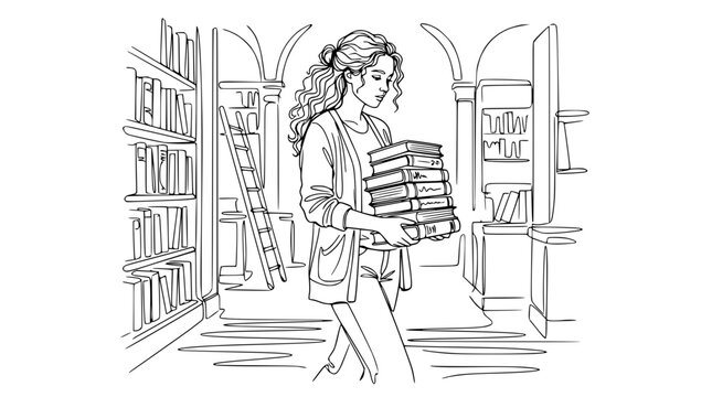 Young Woman Carrying Stack of Books in Library, Outline Sketch