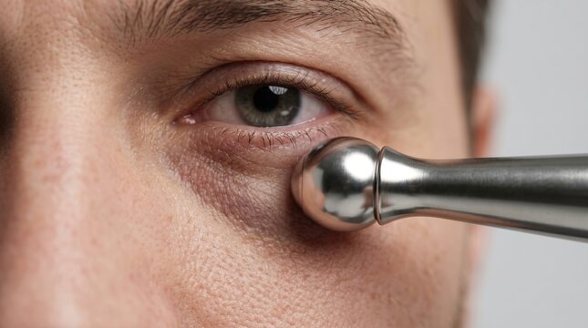 Close up of a man using a metal massage roller tool under his eye for dark circles