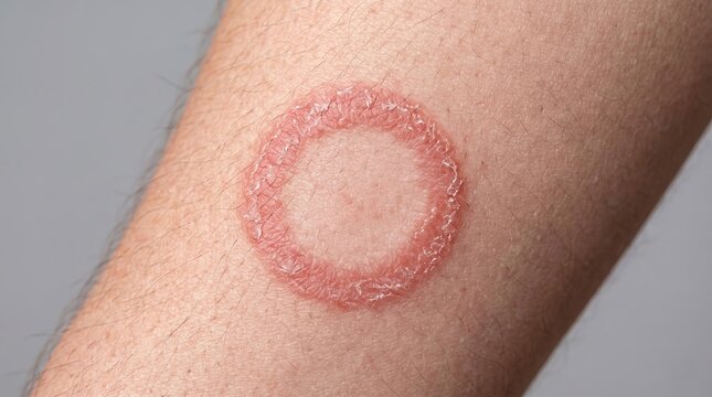 Close up of ringworm tinea fungal infection or tick bite rash on human skin