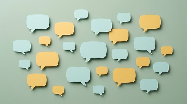 A collection of vibrant colorful speech bubbles is neatly arranged against a pale gray backdrop symbolizing modern communication and open dialogue concepts