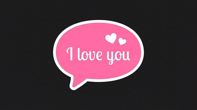 A brightly colored pink speech bubble displays the affectionate message i love you alongside two small heart icons on a black backdrop