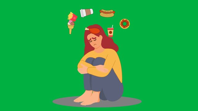Medical vector animation displaying a distressed woman surrounded by floating junk food items, highlighting binge eating disorder (BED), bulimia nervosa, anorexia nervosa, compulsive overeating