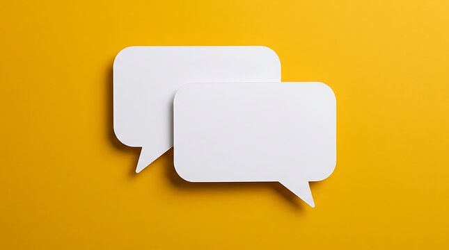 Multiple empty white speech bubbles are layered and overlapping on a bright cheerful yellow backdrop offering room for quotes or messages
