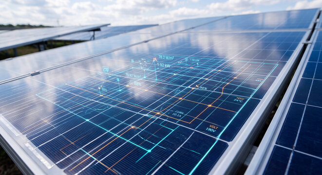 Photovoltaic solar panel array outside featuring an interactive digital network overlay analyzing real time energy generation telemetry and electrical efficiency metrics