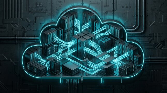 Digital Cloud Computing Network With Servers And Neon Blue Connections