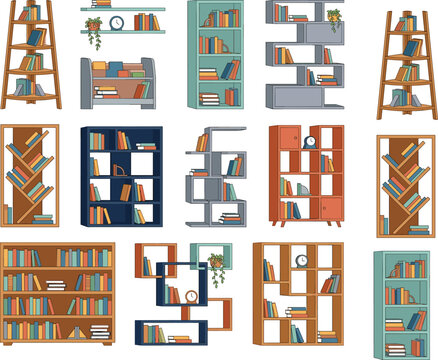 Various wooden bookcase and bookshelf designs filled with literature volumes for library styling study arrangement interior visualization