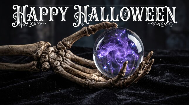 Skeleton hand holding a glowing purple magic crystal ball on black velvet fabric with happy halloween text in white ornate lettering above the scene