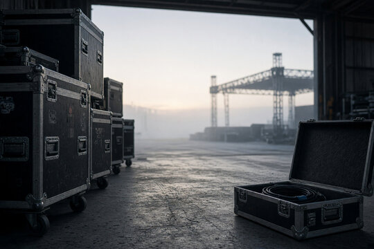 Road Cases Stacked Behind Stage at Dawn