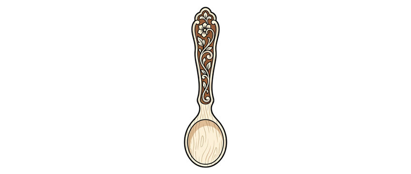 Ornate wooden spoon with floral carvings, isolated