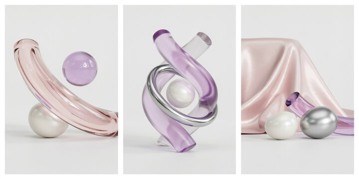 Abstract 3D featuring translucent purple glass tubes and metallic spheres with soft fabric