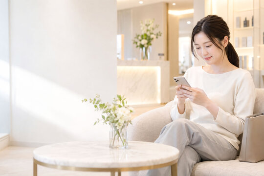 美容クリニックのラウンジでスマートフォンを確認する日本人女性