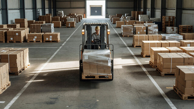 Forklift staging a shrink-wrapped pallet in warehouse lane