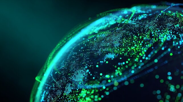 Futuristic digital globe made of glowing lines and data points, blue and green neon technology visualization on a clean gradient background.