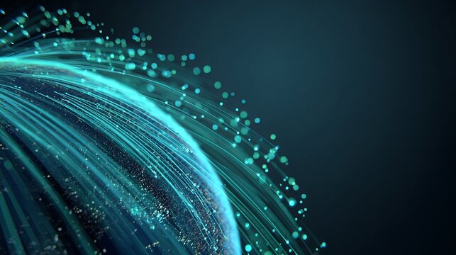 Futuristic digital globe made of glowing lines and data points, blue and green neon technology visualization on a clean gradient background.