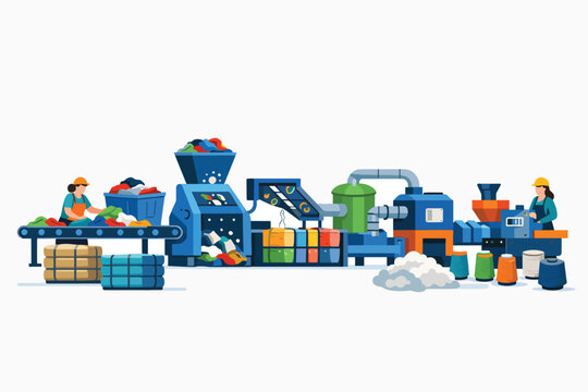 Modern factory production line with workers and machinery