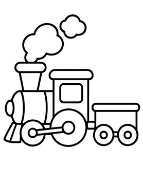 Simple outline illustration of a classic steam locomotive with a tender car, perfect for children's coloring pages and educational materials