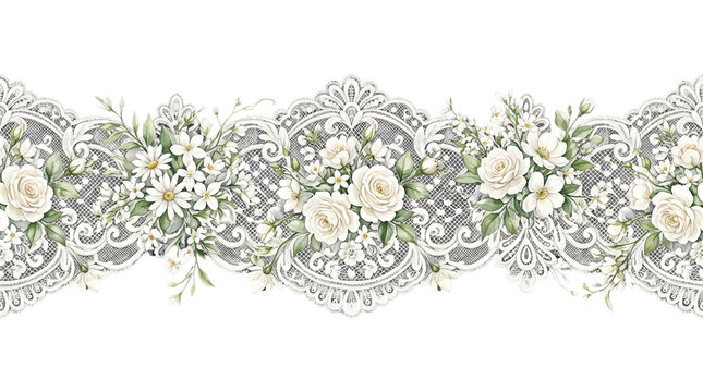 Vintage white lace border with roses, elegant floral lace ribbon trim, romantic wedding lace pattern with cream flowers