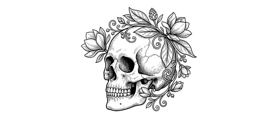 Fototapeta premium Skull with Flowers and Leaves Illustration
