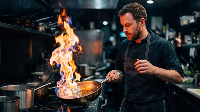 Chef cooking with flames in a professional kitchen