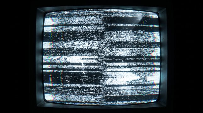 Vintage CRT television screen, with static noise glitch and scanlines, displaying signal interference, in dark room, technology background photography