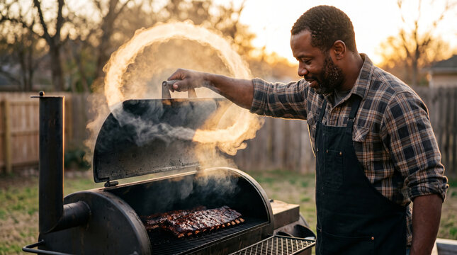 Man grilling ribs on a smoker outdoors during golden hour