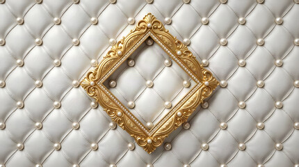Obraz premium Ornate gold picture frame centered on white tufted velvet upholstery background
