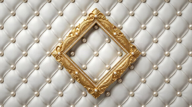 Ornate gold picture frame centered on white tufted velvet upholstery background