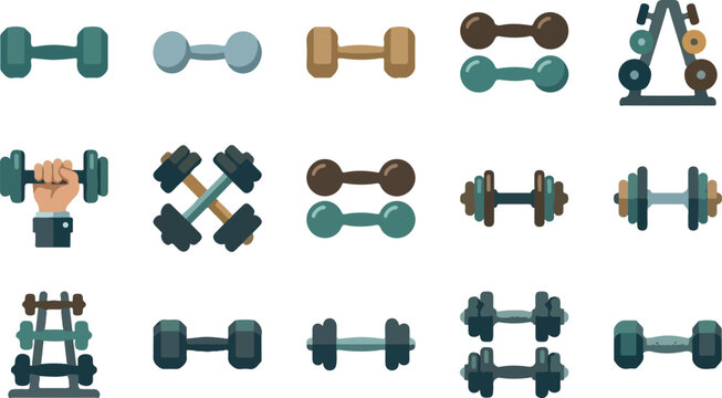 Dumbbell flat icon set featuring various fitness weights lifting equipment and storage racks