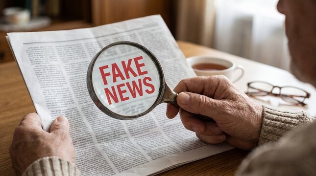 Realistic photograph of a person reading a generic newspaper while examining an article through a handheld magnifying glass, the lens revealing the bold red words &ldquo;FAKE NEWS,&rdquo; 