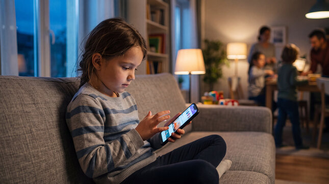 Child absorbed in smartphone use at home