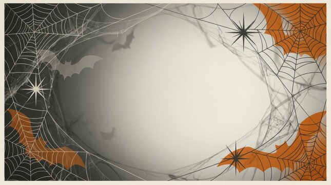Minimalist mid-century Halloween background featuring cobwebs, bats, and ample copy space in a retro graphic style.