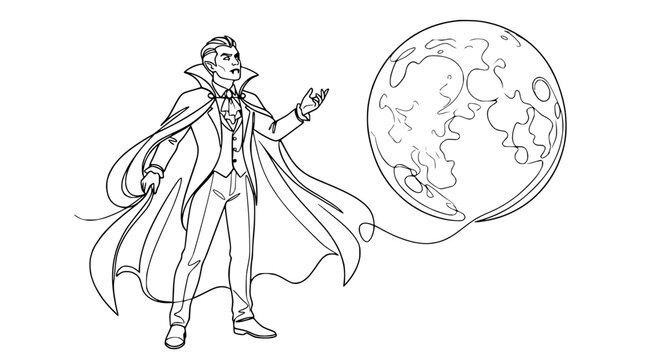 Vampire with flowing cape conjures moon, isolated on transparent background
