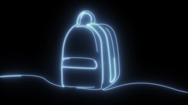 Glowing blue neon continuous  line art animation of a modern travel backpack school bag