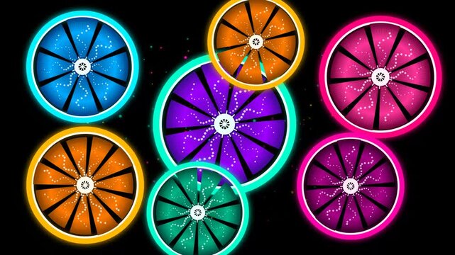Abstract colorful glowing circular shapes with radial patterns and vibrant neon light effects on a deep black background for modern digital art and technology designs 4k Motion Video